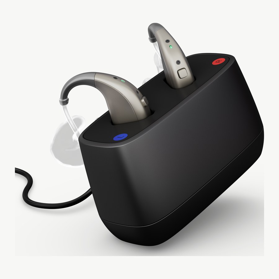 ReSound Enzo IA 桌上型充電座,兩台助聽器放在充電槽中