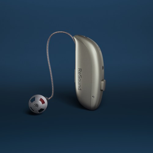 ReSound Savi 小型款機身與受話器,側面視角(沙色)