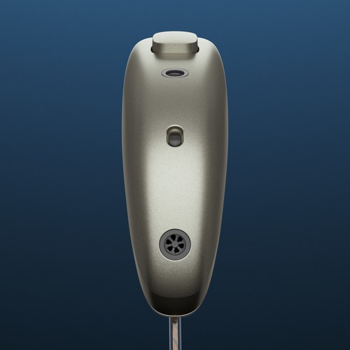 ReSound Savi 小型款機身正面特寫,可見麥克風孔(沙色)
