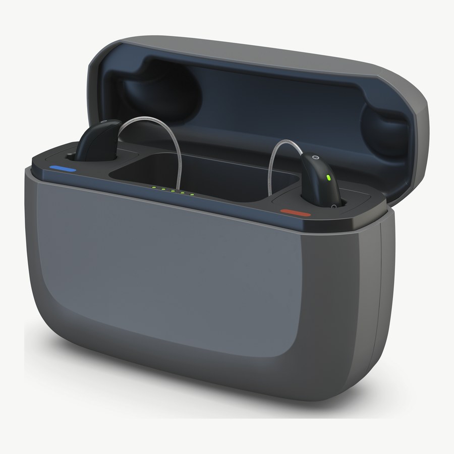 ReSound Savi 充電座掀開蓋子,兩台小型款助聽器放在充電凹槽中